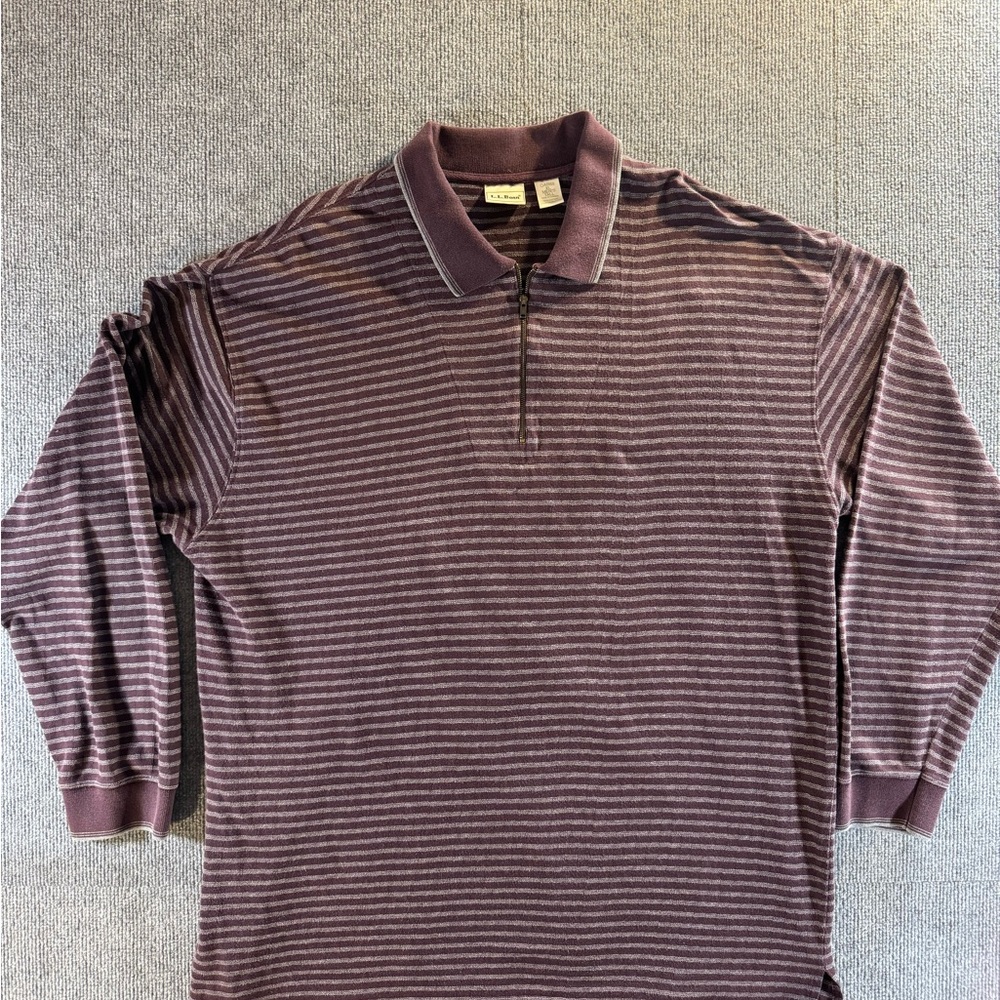 L.L. Bean Men’s XL Tall 1/4 Zip Polo Shirt Plum Stripe 100% Cotton Canada